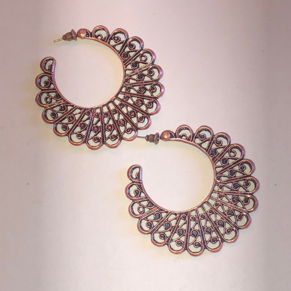 Intricate Copper Tone Filigree Boho Hoop Earrings